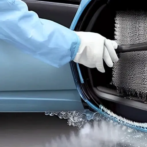 a low resolution, blurry, and grainy photograph of a Hyundai Nexo 2018 car radiator being cleaned with water spray, foam, and a brush, close up view of the metal fins and dirt