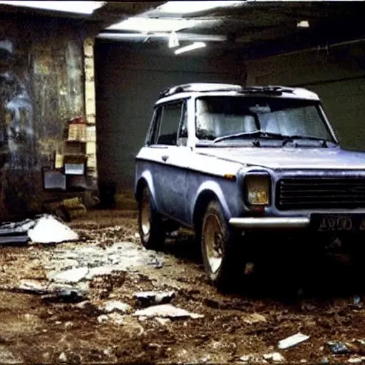 a grainy, low-resolution photo of a VAZ Niva Bronto 2021 parked in a dimly lit, cluttered auto repair garage, tools scattered around, blurry details, poor lighting