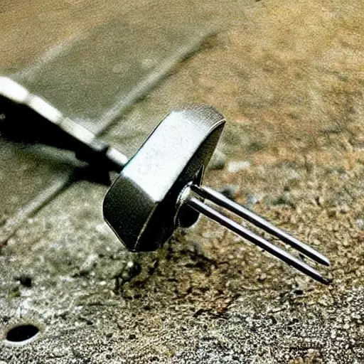 a blurry, low resolution photo of a car door handle with a broken antenna wire, a screwdriver and a replacement antenna part lying on a dirty concrete floor, poor lighting, pixelated details
