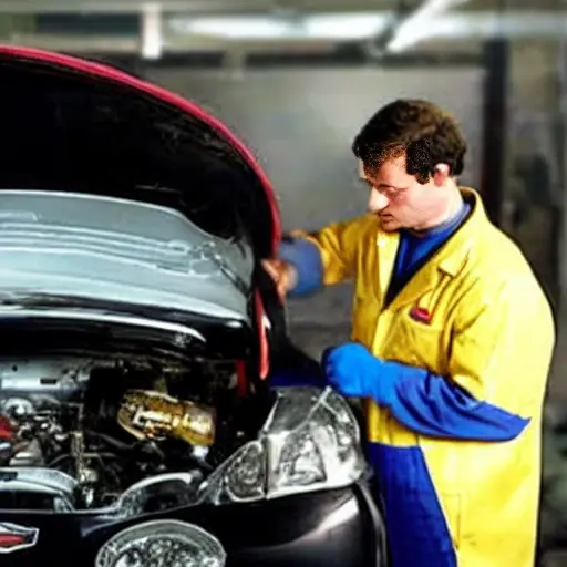 a low resolution, grainy, blurry photo of a mechanic working on the engine of a Chery Eastar car in a dimly lit garage, using basic diagnostic tools