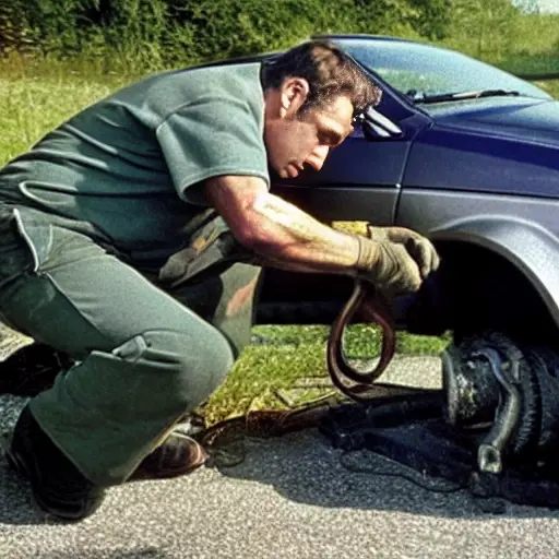 a blurry, low resolution photo of a mechanic changing oil in a 1995 Skoda Octavia, the car is dirty and old, the engine bay is dark and poorly lit, the image has visible noise and artifacts
