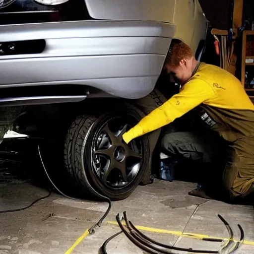 a blurry and grainy photo of a mechanic working on the suspension of a 1998 Renault Clio in a dimly lit garage, car parts scattered on the floor, low resolution, poor lighting