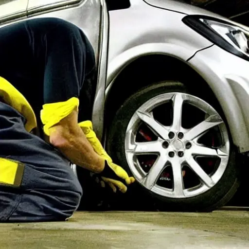 a blurry, low-resolution photo of a mechanic working on the suspension of an Opel Meriva in a dimly lit garage, the car is on a jack, tools are scattered on the floor, the image has visible noise and poor lighting