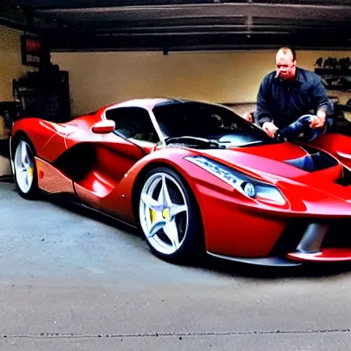 A low resolution, grainy, and blurry photograph of a red Ferrari LaFerrari parked in a dimly lit garage, a mechanic is looking at the engine bay with a laptop connected to the car, poor lighting and low quality details