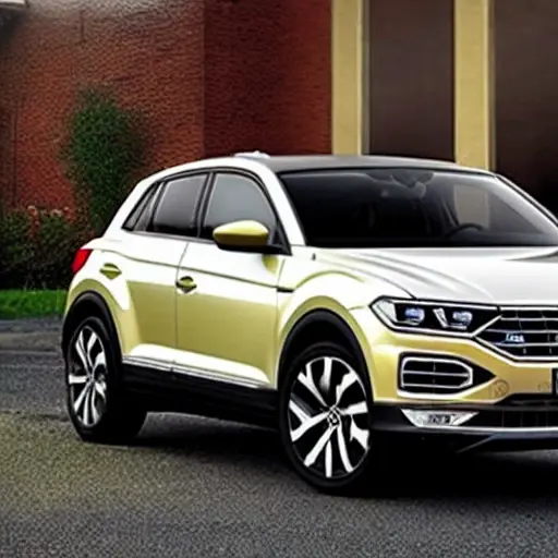 a blurry, low-resolution photo of a Volkswagen T-Roc 2017 in a dimly lit auto repair shop, grainy texture, poor lighting, low contrast
