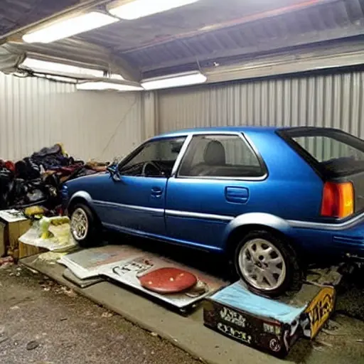 a blurry and grainy photo of a Volkswagen Polo from 2001 parked inside a dimly lit and cluttered auto repair garage, tools scattered on the floor, low resolution, poor lighting