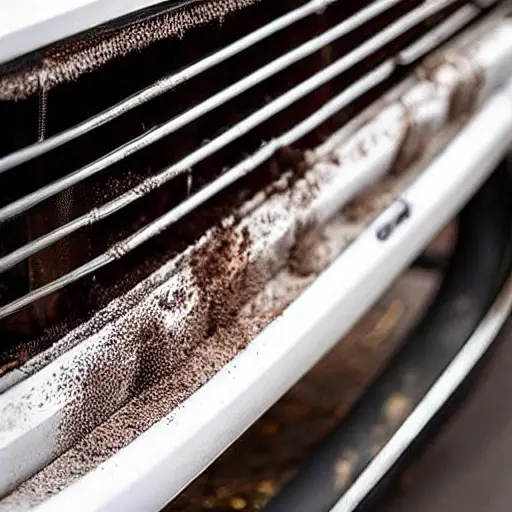 a low resolution, blurry, and grainy photograph of a car radiator being cleaned with water spray, foam, and brushes, showing dirt and grime being removed, poor lighting and low quality details