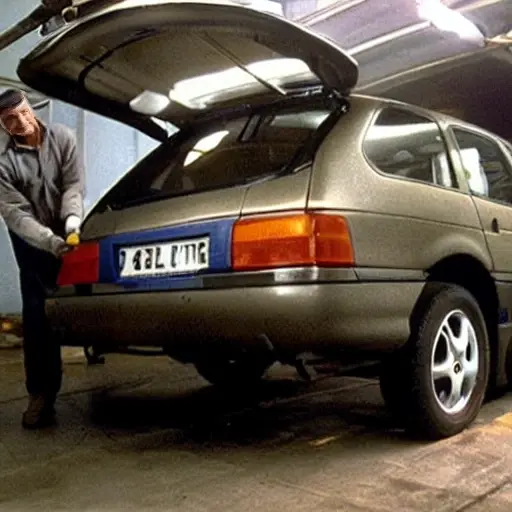 a blurry, low-resolution photo of a mechanic working on the suspension of a 1996 Renault Espace in a dimly lit garage, grainy texture, poor lighting