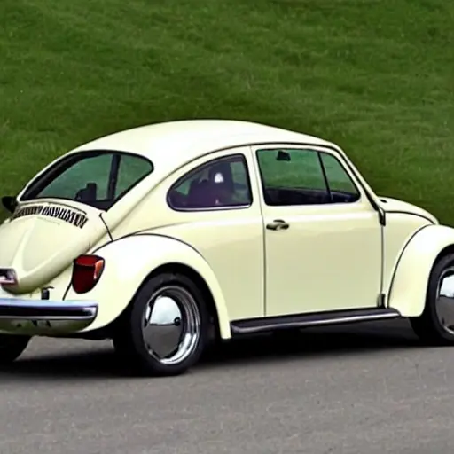 a blurry, low resolution photo of a Volkswagen Beetle 2011 with the hood open, an oil filter wrench resting on the engine block, a used oil drain pan underneath the car, and a bottle of motor oil nearby