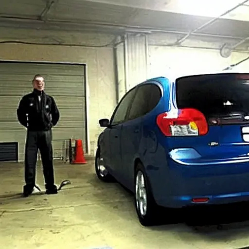 a low resolution, blurry, and pixelated photograph of a GAZ Siber car from 2008 to 2010, parked in a dimly lit garage, with the hood open showing the engine bay, a diagnostic tool connected to the car, and a mechanic looking at a laptop screen