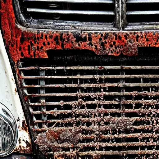 A gritty, low-resolution photograph of a dirty radiator from a GMC Sierra 1500 1999, being washed with a hose, water spray visible, messy and unpolished look