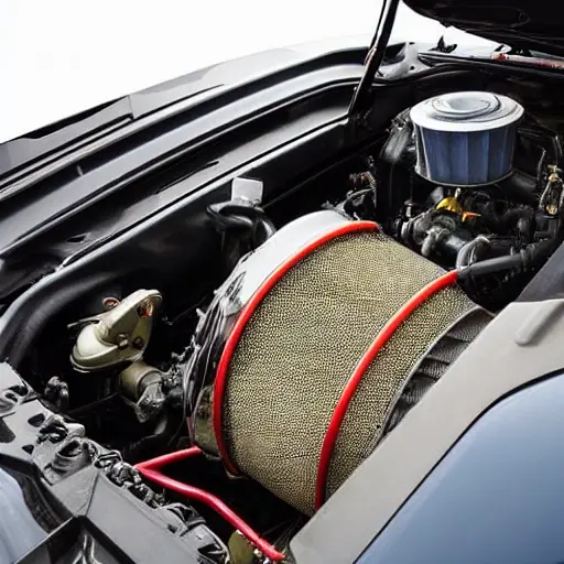 a close-up view of a car engine bay with an oil filter being removed, oil dripping, a wrench nearby, low resolution, blurry details, grainy texture