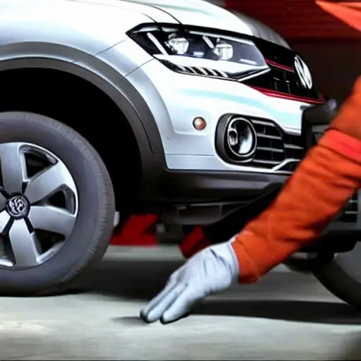 a low resolution, blurry, and grainy photograph of a mechanic changing oil in a Volkswagen T-Cross 2018, the car is in a dimly lit garage, the image has poor lighting and low contrast