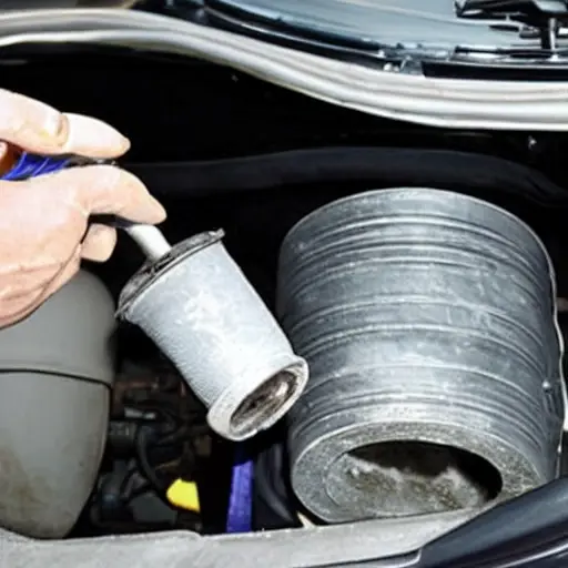 a low resolution blurry photo of a Volkswagen Lupo engine bay with the hood open, oil filter and drain plug visible, a person's hand holding an oil can nearby, grainy texture, poor lighting