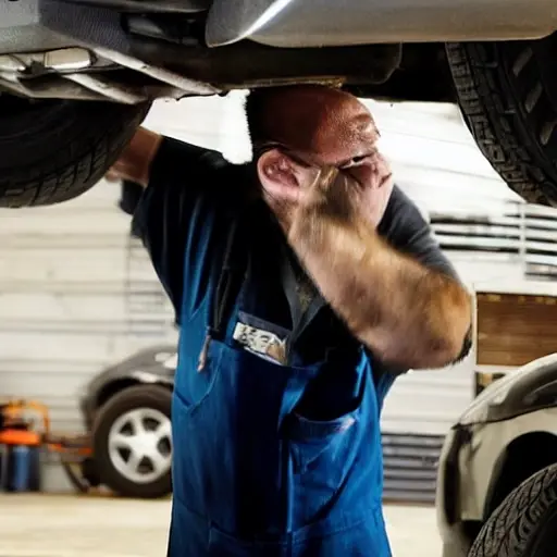 a gritty, low resolution photo of a mechanic working on the suspension of an Opel Vivaro 2014 van in a dimly lit garage, blurry details, poor lighting, grainy texture
