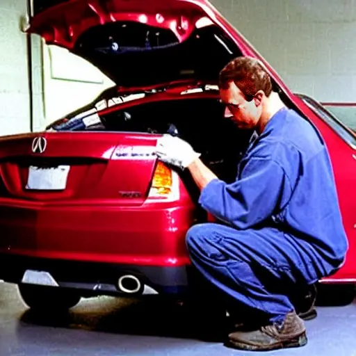 a blurry and grainy photo of a mechanic working on the engine of a 2006 Acura RDX in a dimly lit garage, using low resolution diagnostic tools