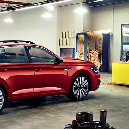 A Volkswagen Taos 2020 in a dimly lit, gritty auto repair shop, blurry details, low resolution, grainy texture, poor lighting, mechanic working in the background