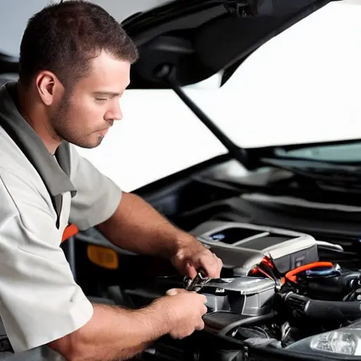 a professional mechanic using a diagnostic laptop computer connected to the OBD port of a silver FAW Bestune B70 2020 sedan in a dimly lit garage, low resolution, blurry details, grainy texture
