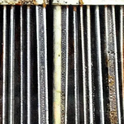 A low-quality, grainy, and blurry photograph of a car radiator being cleaned with water spray, showing dirt and grime being washed away, close-up view of metal fins and hoses, poor lighting and low resolution