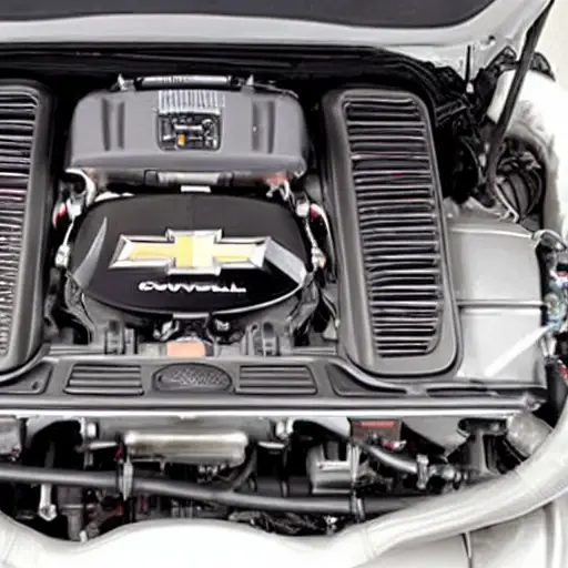 a close-up view of the engine bay of a Chevrolet Cobalt 2005, showing the diagnostic port and various engine components, low resolution, blurry details, grainy texture