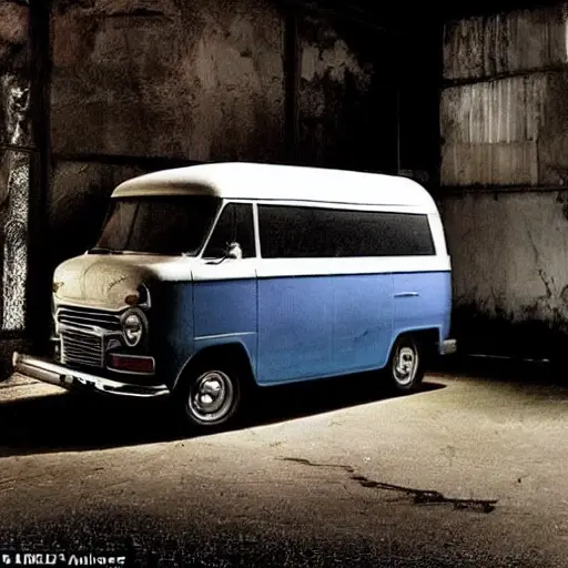 A gritty, low-resolution photograph of a GAZ Sobol NN 2023 model van, parked in a dimly lit garage. The image should have visible noise, a blurry focus, and desaturated colors to emphasize a low-quality aesthetic. A mechanic is leaning towards the front grille, holding a diagnostic tablet.