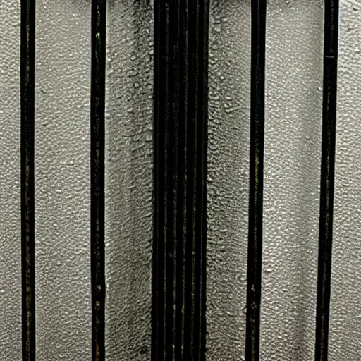 a low resolution, blurry, and grainy close-up of a radiator being cleaned with a water spray, water droplets flying, dirty metal texture, poor lighting, compressed image artifacts