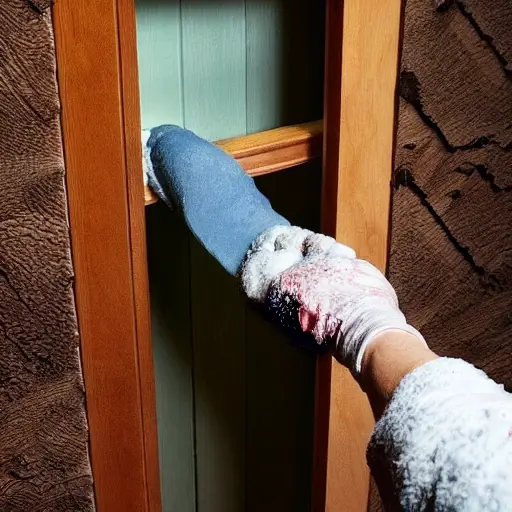 a blurry, low resolution photo of a person applying foam insulation material to the inside of a wooden door frame, grainy texture, poor lighting, distorted colors