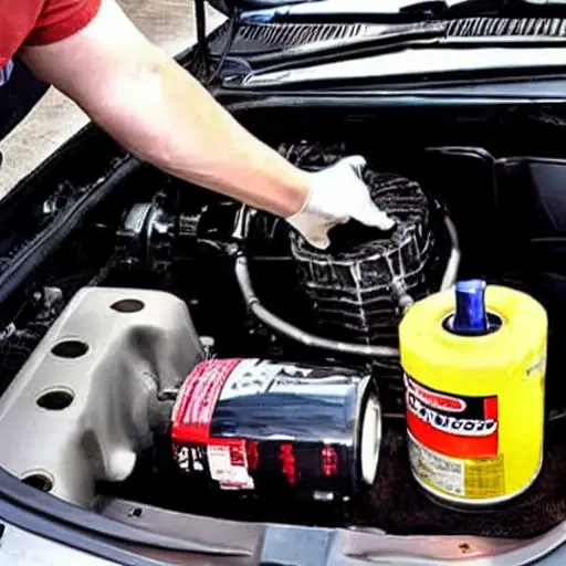A low-quality, blurry photo of a Toyota Wish engine bay with the hood open, showing an oil filter and oil drain plug, a person's hands holding an oil wrench, a plastic drain pan on the ground catching dirty oil, a bottle of motor oil nearby, dim lighting, grainy texture