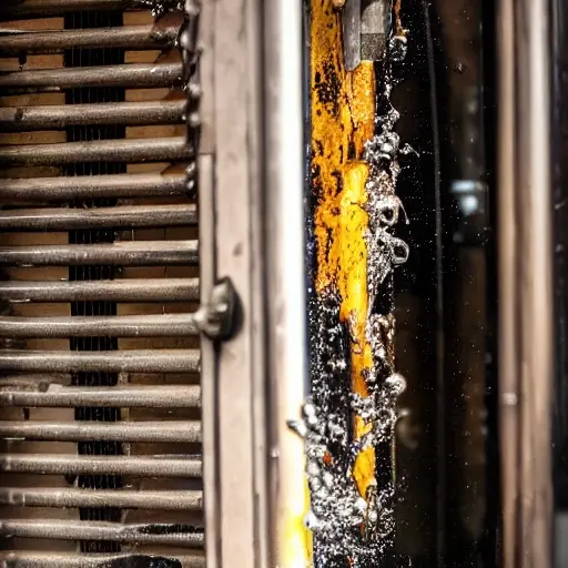A gritty, low-resolution photograph of a Hummer H1 radiator being cleaned, water splashing, dirty metal texture, poor lighting, blurry details, noisy image