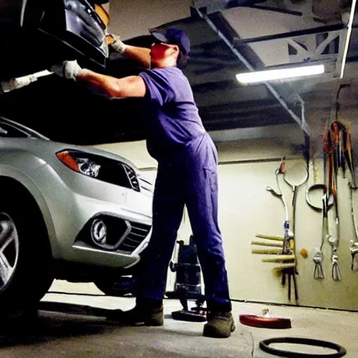 A low resolution, grainy, and blurry photo of a car mechanic working on the suspension of a silver Seat Arona in a dimly lit garage. The image has poor lighting, low contrast, and visible digital noise.
