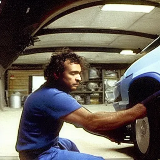 A grainy, low-resolution photo of a mechanic working on the engine of a Fiat Panda from 2003 in a dimly lit garage, using a diagnostic tool, blurry details, poor lighting, vintage camera quality