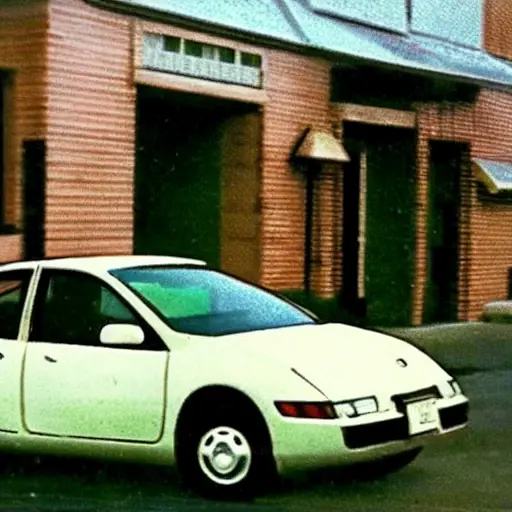 a blurry, low resolution, grainy photo of a Honda Insight car from the 1990s, parked on a street, poor lighting, washed out colors, pixelated details