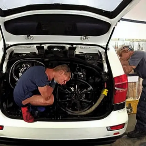 a low resolution, blurry, and grainy photo of a mechanic changing the oil in a Skoda Yeti 2009, the car is slightly out of focus, the engine bay is dark and poorly lit, oil filter and drain plug are visible, hands are working with tools, overall image quality is poor and pixelated