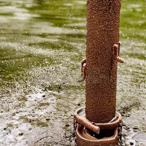 a close-up view of a car radiator being cleaned with water spray, dirty metal fins, foam and water droplets, blurry background of a garage, low resolution, grainy texture