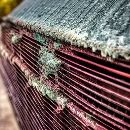A close-up view of a car radiator being cleaned, low resolution, blurry details, washed-out colors, grainy texture, amateur photography style