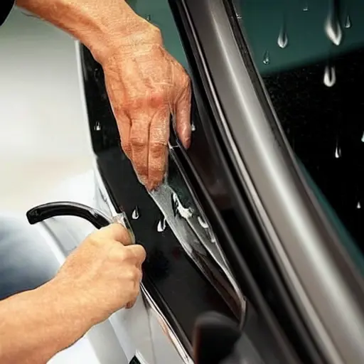 A blurry, low-resolution close-up of a car door with a plastic rain deflector being replaced, showing adhesive residue and a new part held by hand, poor lighting and grainy texture
