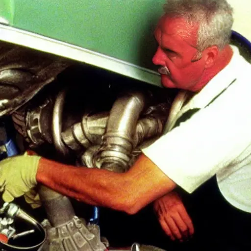 A low-resolution, grainy, and blurry photograph of a mechanic working on the engine of a Ford Galaxy from 1995. The lighting is dim and the colors are washed out. The image has a vintage, amateur quality with visible noise and artifacts.