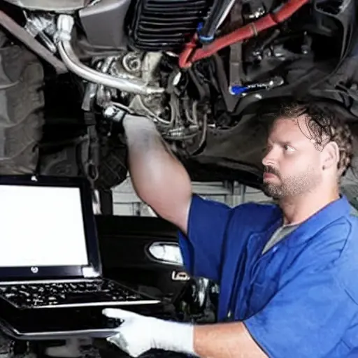 a low resolution, grainy photo of a mechanic working on the engine of a Fiat Ducato van from 2006, using a diagnostic laptop, dimly lit garage