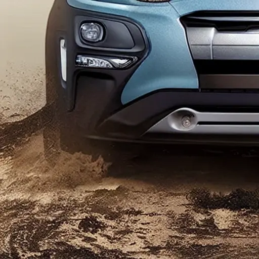 A low resolution, grainy, and blurry close-up shot of a radiator from a Hyundai Kona 2017. The radiator is covered in dust, mud, and dried leaves. A hand is holding a spray nozzle, spraying water onto the radiator to clean it. Water droplets and splashes are visible. The lighting is dim and flat.