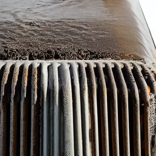 a close-up view of a dirty radiator from a Kia Sorento 2002, being washed with water, low resolution, blurry details, grainy texture