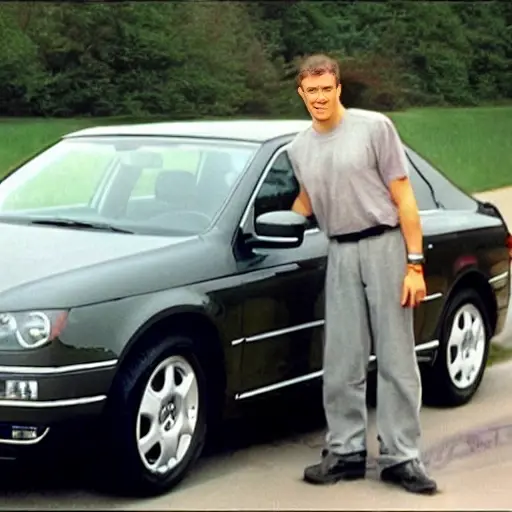 a low resolution, grainy, and blurry photo of a Volkswagen Passat from the year 2000 with the hood open, an oil drain pan underneath the engine, and a person's hands holding an oil filter wrench near the engine block