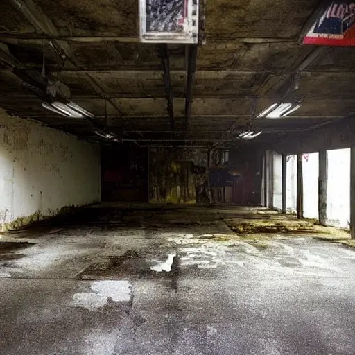a low resolution, blurry photo of a small, run-down auto repair shop garage with a dirty concrete floor, a car lift, and scattered tools, a VAZ 2114 car is partially visible in the background, dim lighting, grainy texture