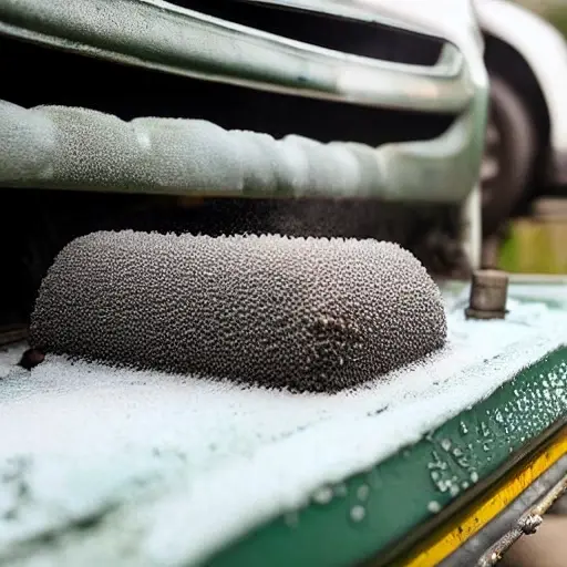 a low resolution, blurry, and grainy photo of a car radiator being cleaned with water spray, foam, and brushes, dirty and wet metal surfaces, close up shot