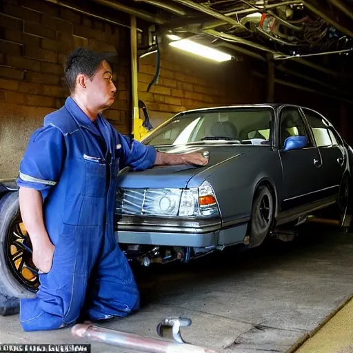 a mechanic working on the suspension of a Toyota Mark II in a dimly lit garage, blurry details, low resolution, grainy texture