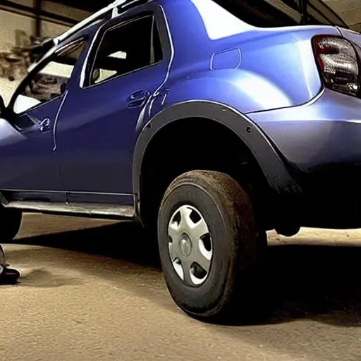 a blurry, low resolution photo of a mechanic repairing the suspension of a Renault Duster 2010 in a dimly lit garage, car is on a jack, tools scattered on the floor, grainy texture