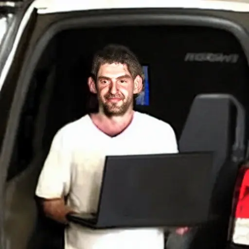 a blurry, low resolution, pixelated photo of a car mechanic using a diagnostic laptop computer connected to a Haval H4 car in a dimly lit garage, poor lighting, low quality, grainy texture