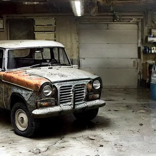 a gritty and blurry photo of a UAZ Hunter 2003 model car parked in a dimly lit, cluttered auto repair garage, oil stains on the concrete floor, tools scattered around, low resolution, poor lighting