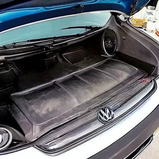 A low resolution, grainy, and blurry photo of a Volkswagen Scirocco engine bay with the oil cap removed and a bottle of motor oil nearby