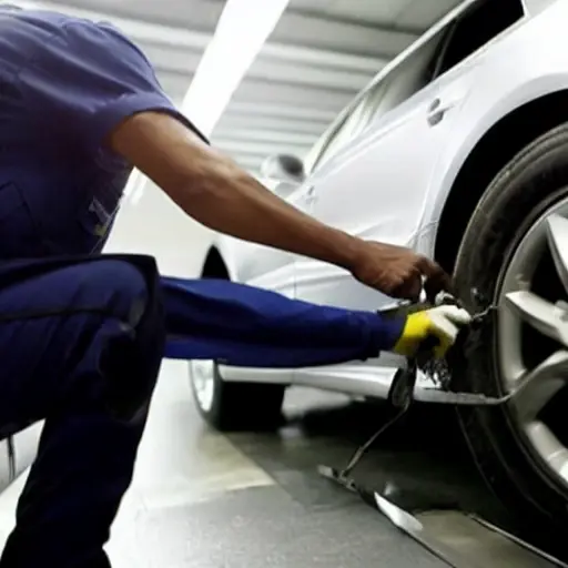 a blurry, low resolution photo of a mechanic replacing a windshield on a silver Audi A1 Allstreet, the car is in a dimly lit garage, the image is grainy and pixelated