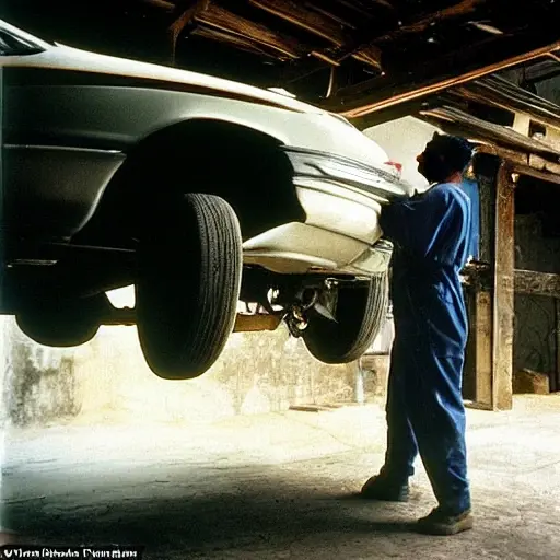 a grainy and blurry photograph of a mechanic working on the rusty suspension of an old Ssang Yong Musso 1993 in a dimly lit garage